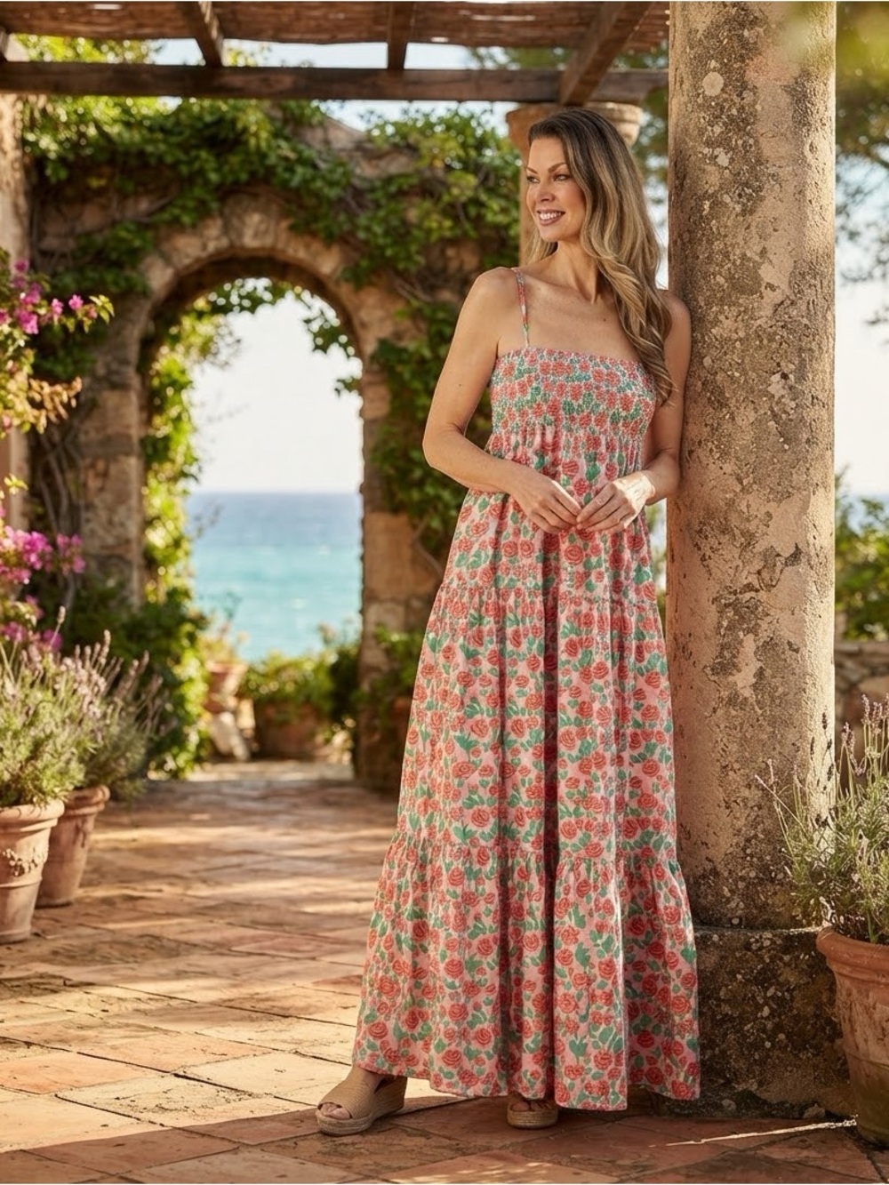 Smocked Floral Maxi Dress with Spaghetti Straps - Pink & Green